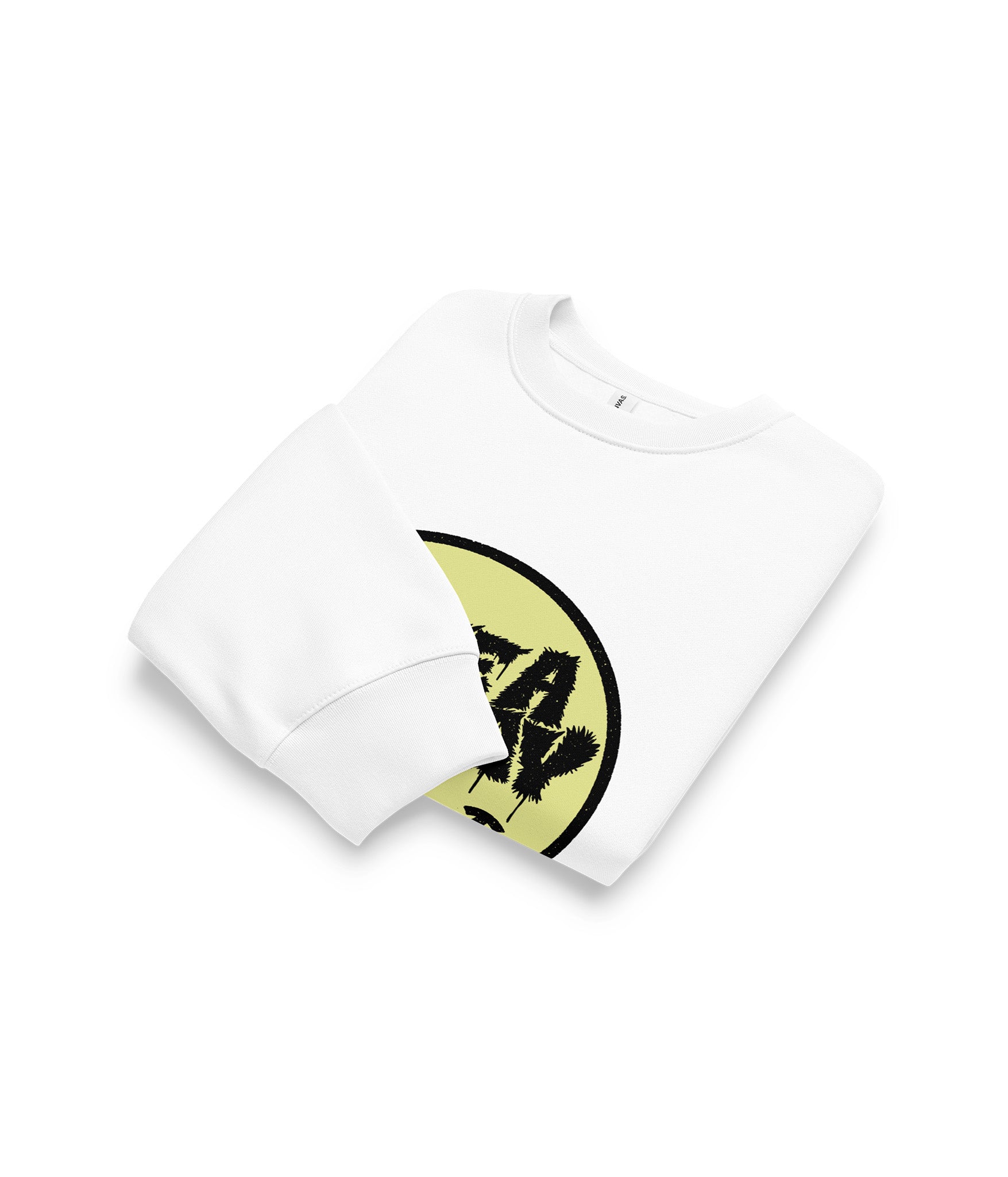 White t-shirt with a black and yellow shark fin design on a white background