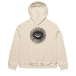 Beige hoodie with eye design on a white background