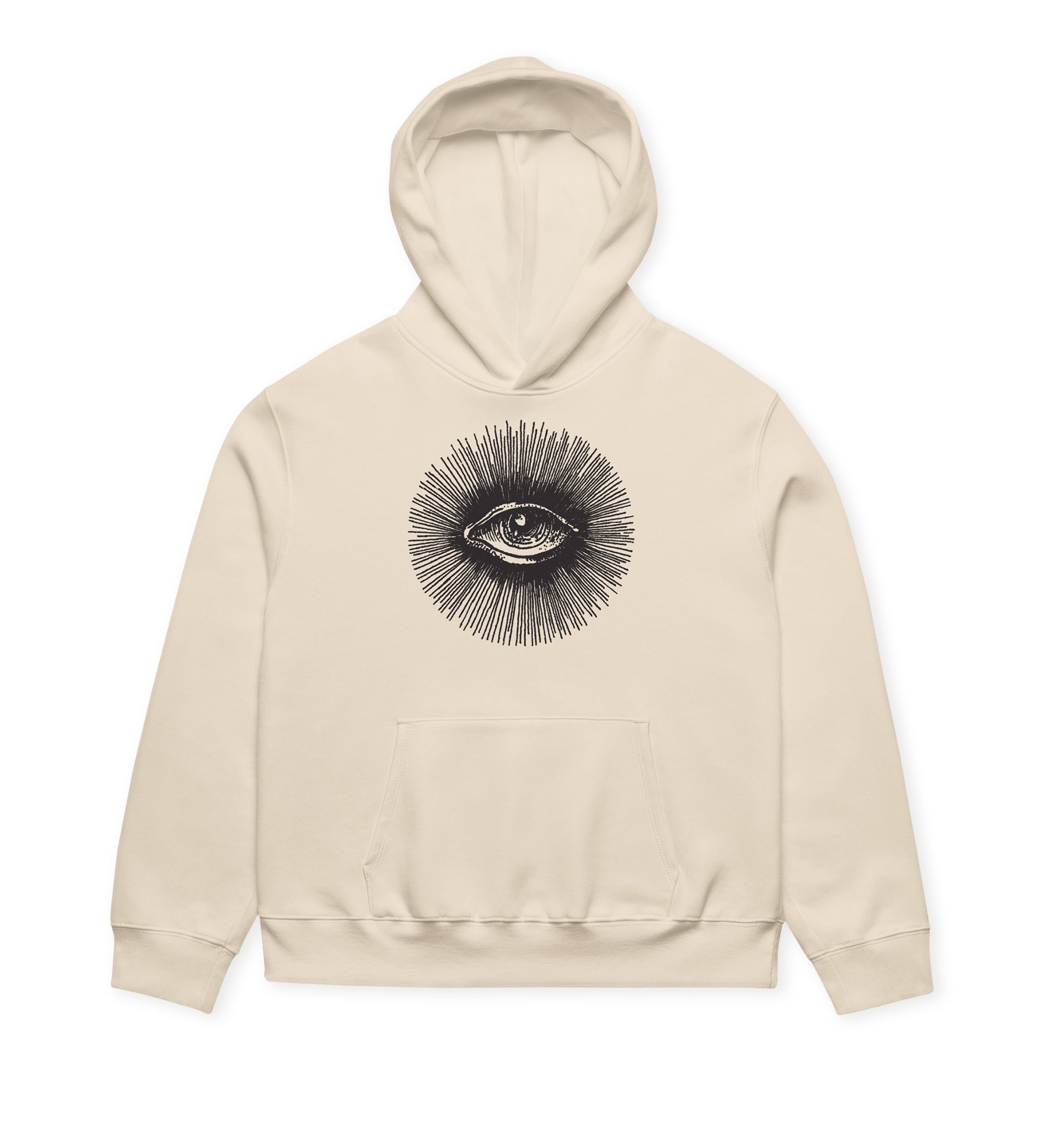 Beige hoodie with eye design on a white background
