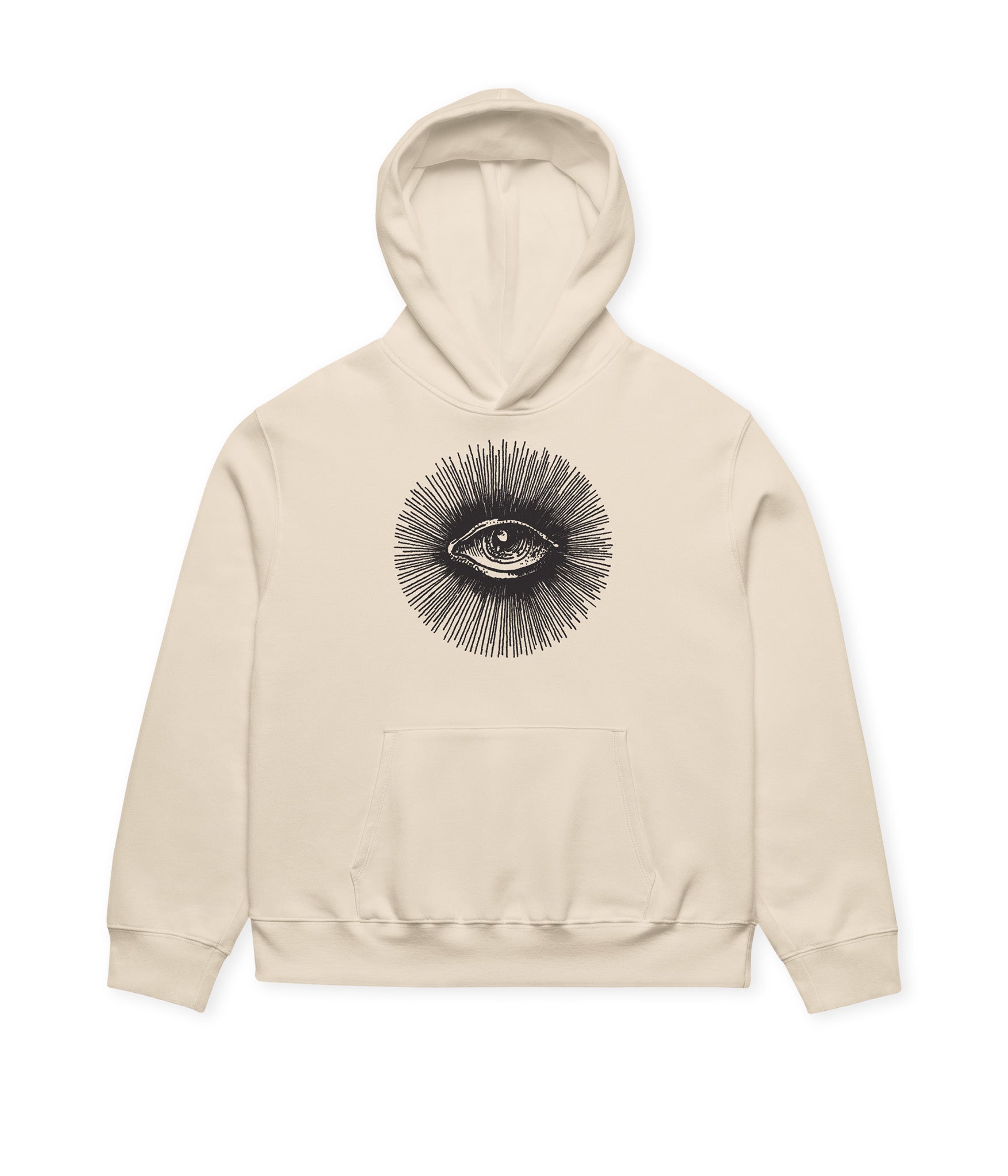 Beige hoodie with eye design on a white background