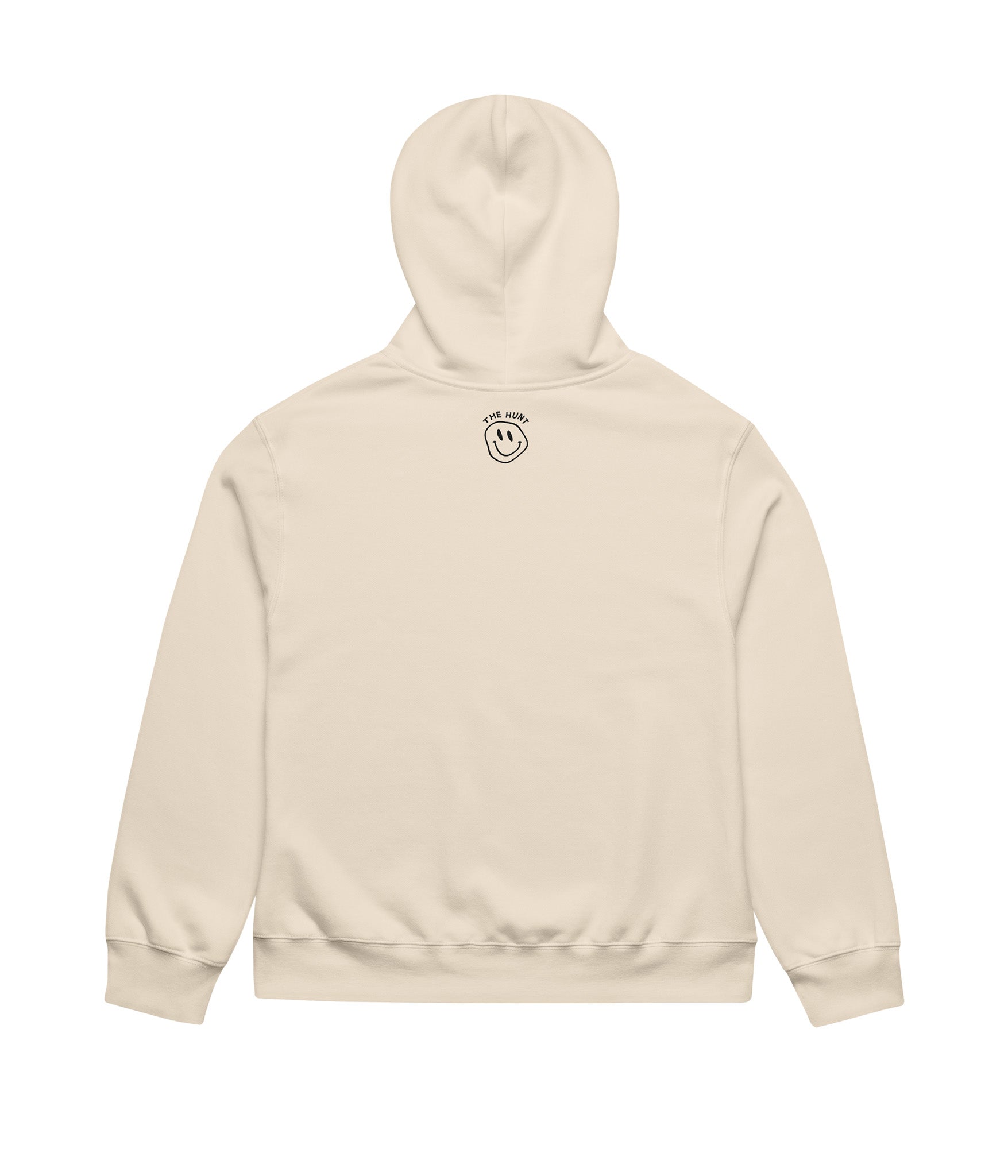 Beige hoodie with a smiley face logo on the chest against a white background