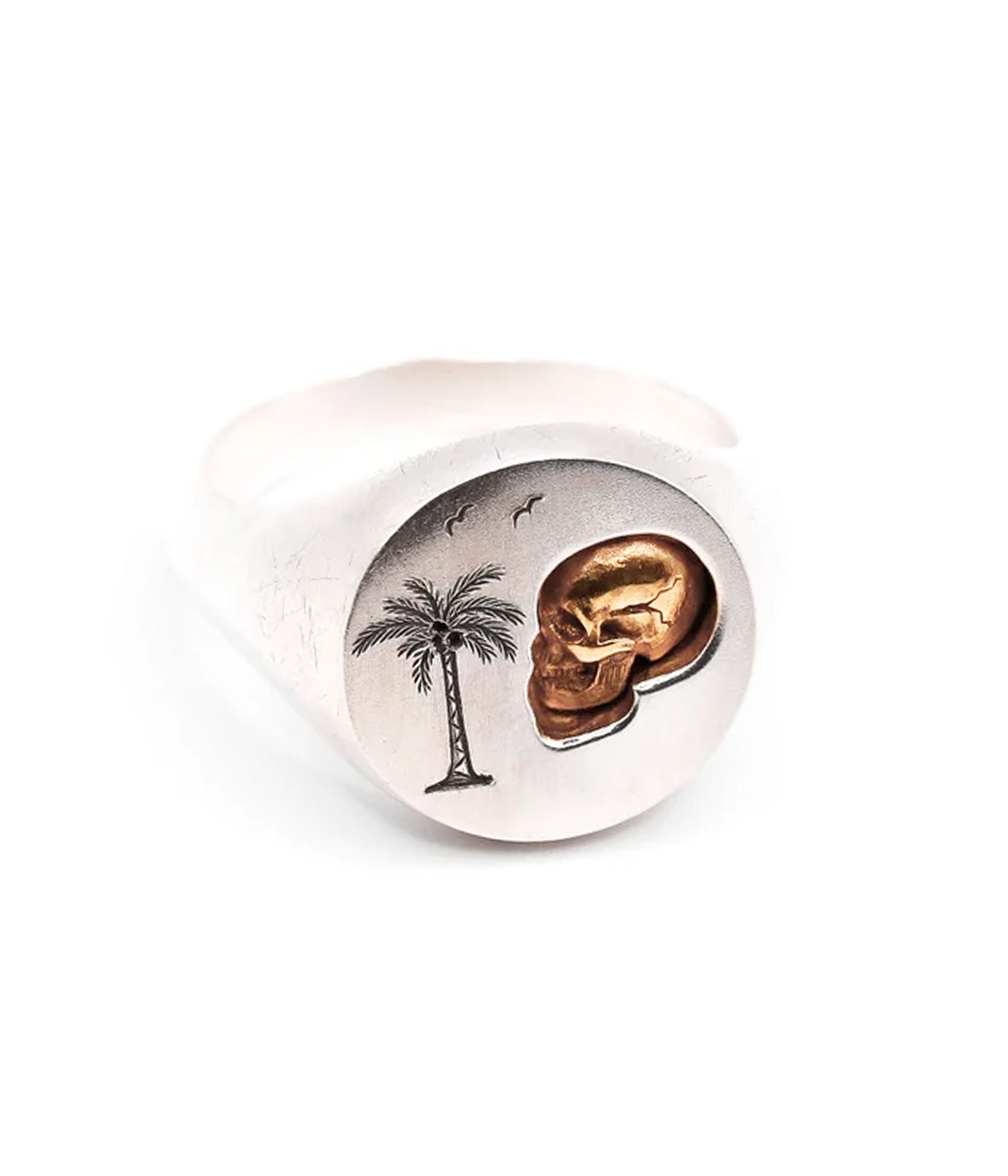 Silver earring with gold interior and palm tree design on a white background