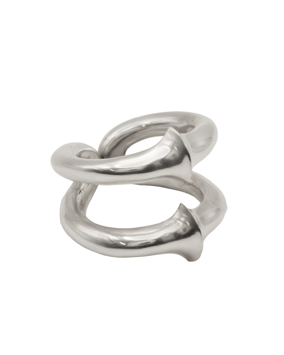 Silver ring with a unique design on a white background