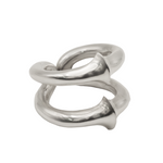 Silver ring with a unique design on a white background