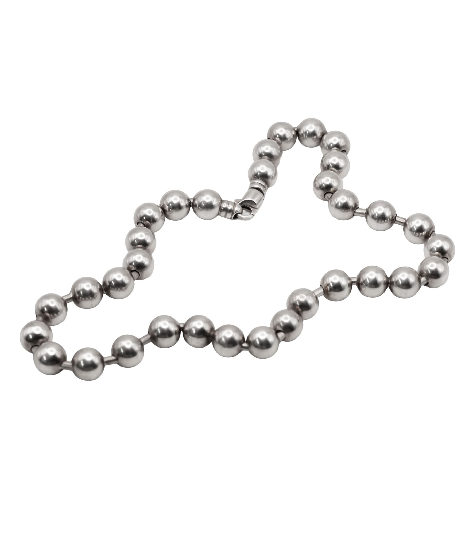 Silver beaded necklace on a white background