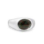 Silver ring with a bloodstone gemstone on a white background