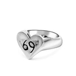 Silver heart-shaped ring with the number '69' on a white background