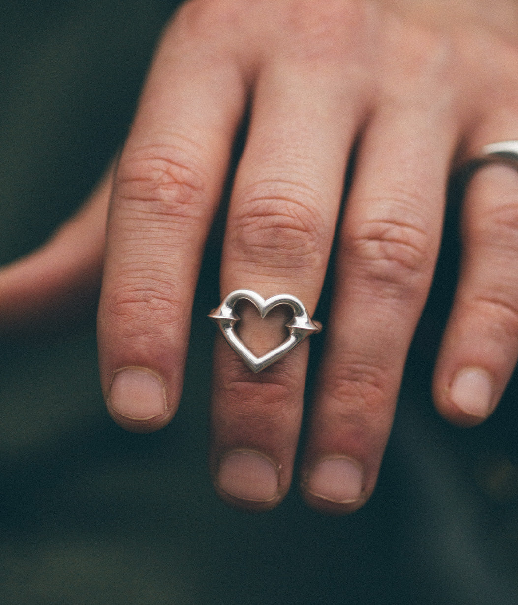 silver heart ring on finger 