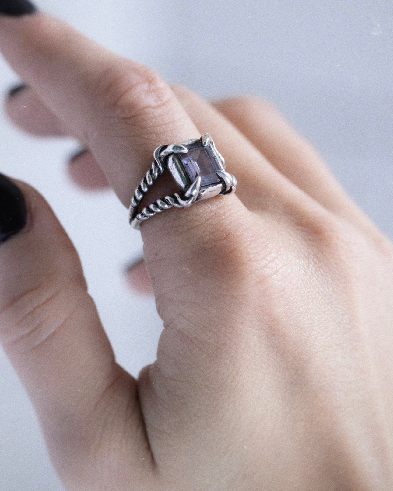 Amethyst Harpy Ring - Sterling Silver Purple Stone Mythical Ring