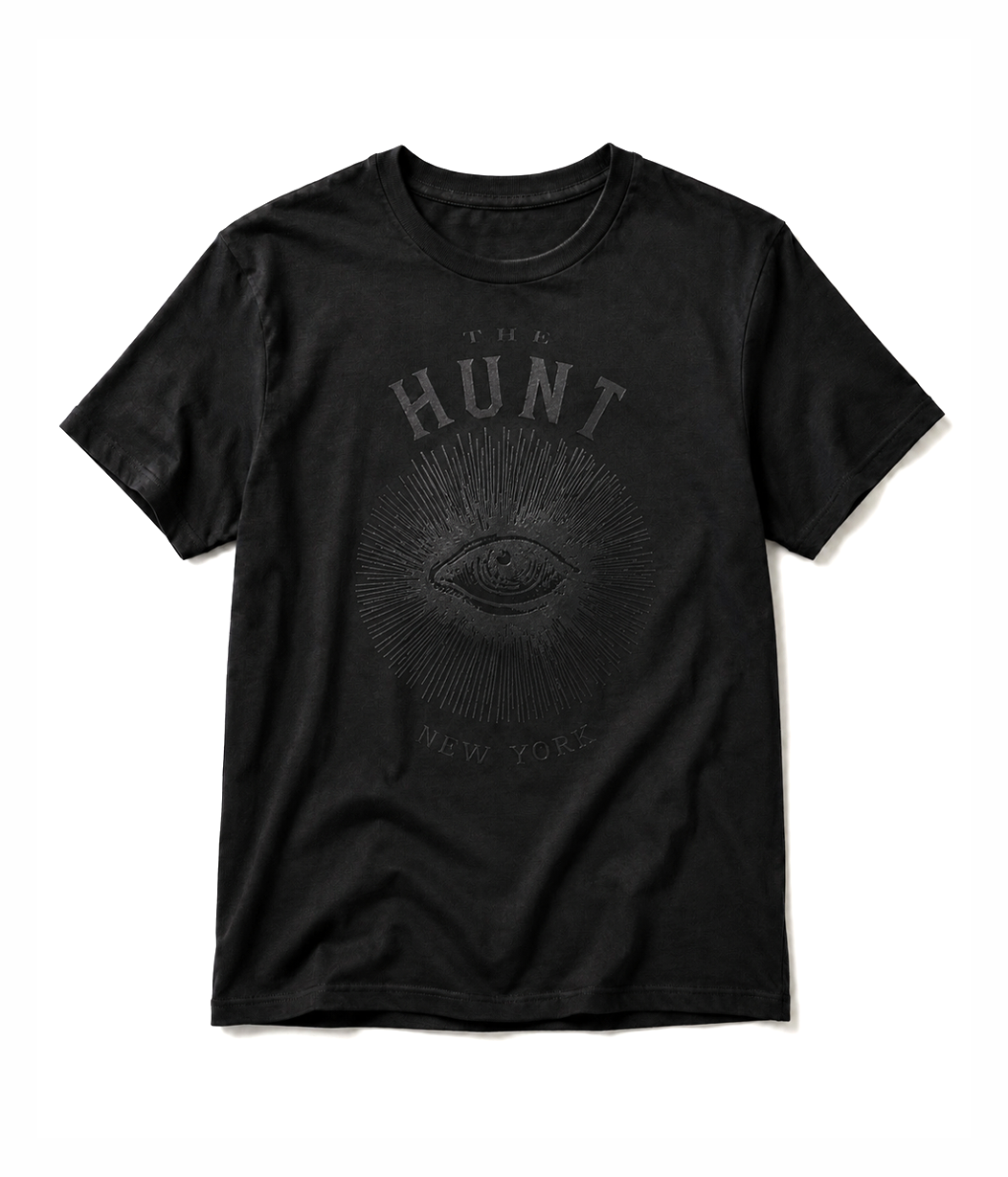 Black t-shirt with 'The Hunt New York' graphic design on a white background