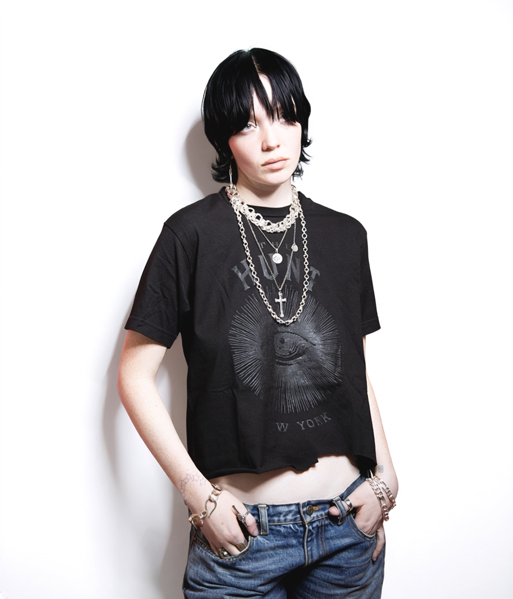 black eye tee on model