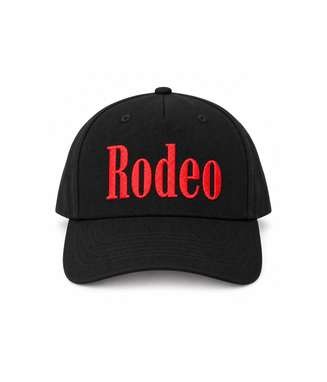 black cap with red rodeo embroidery 