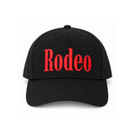 black cap with red rodeo embroidery 