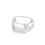Silver ring with engraved design on a white background