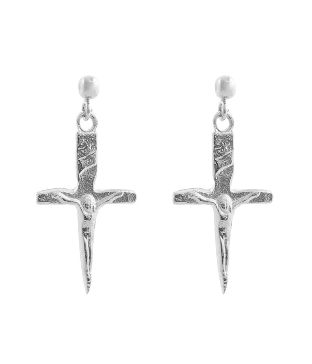 Silver cross-shaped earrings on a white background
