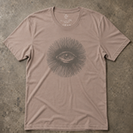 A taupe short-sleeve crewneck t-shirt featuring a dark gray graphic of an eye surrounded by radiating lines, laid flat on a textured concrete surface.