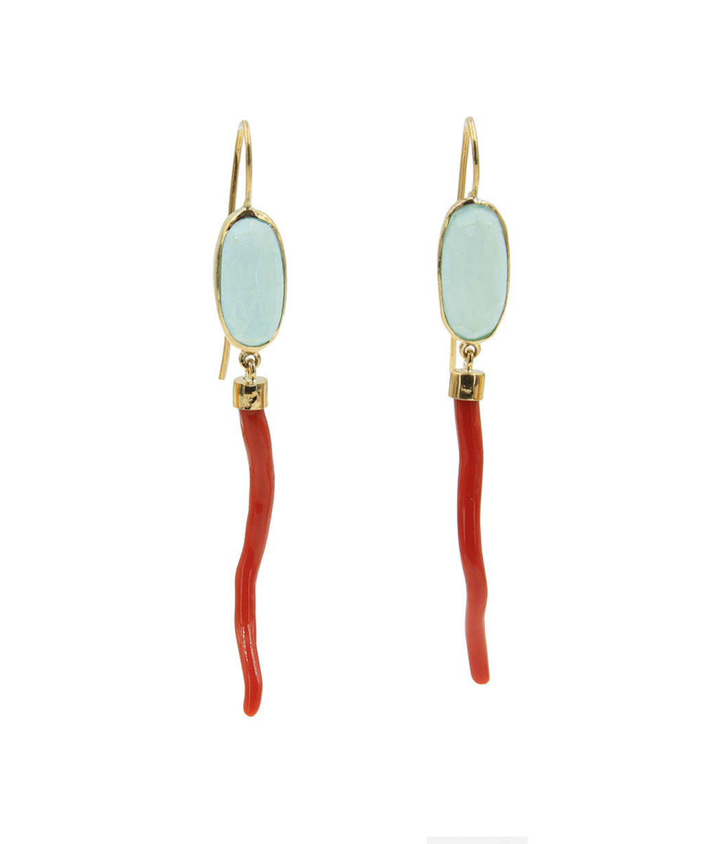 Pair of earrings with gold accents, light blue stones, and red coral-like stems on a white background.