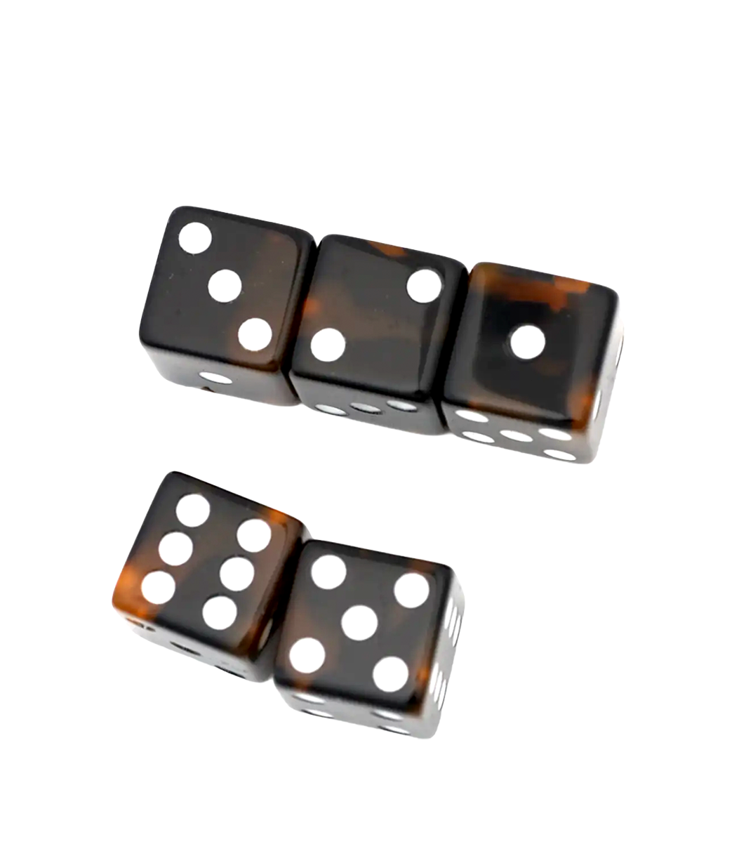Four glossy black dice with a tortoiseshell brown pattern and white pips, arranged on a plain white background.