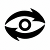 A black stylized eye icon with curved arrows around it, centered on a plain white background.