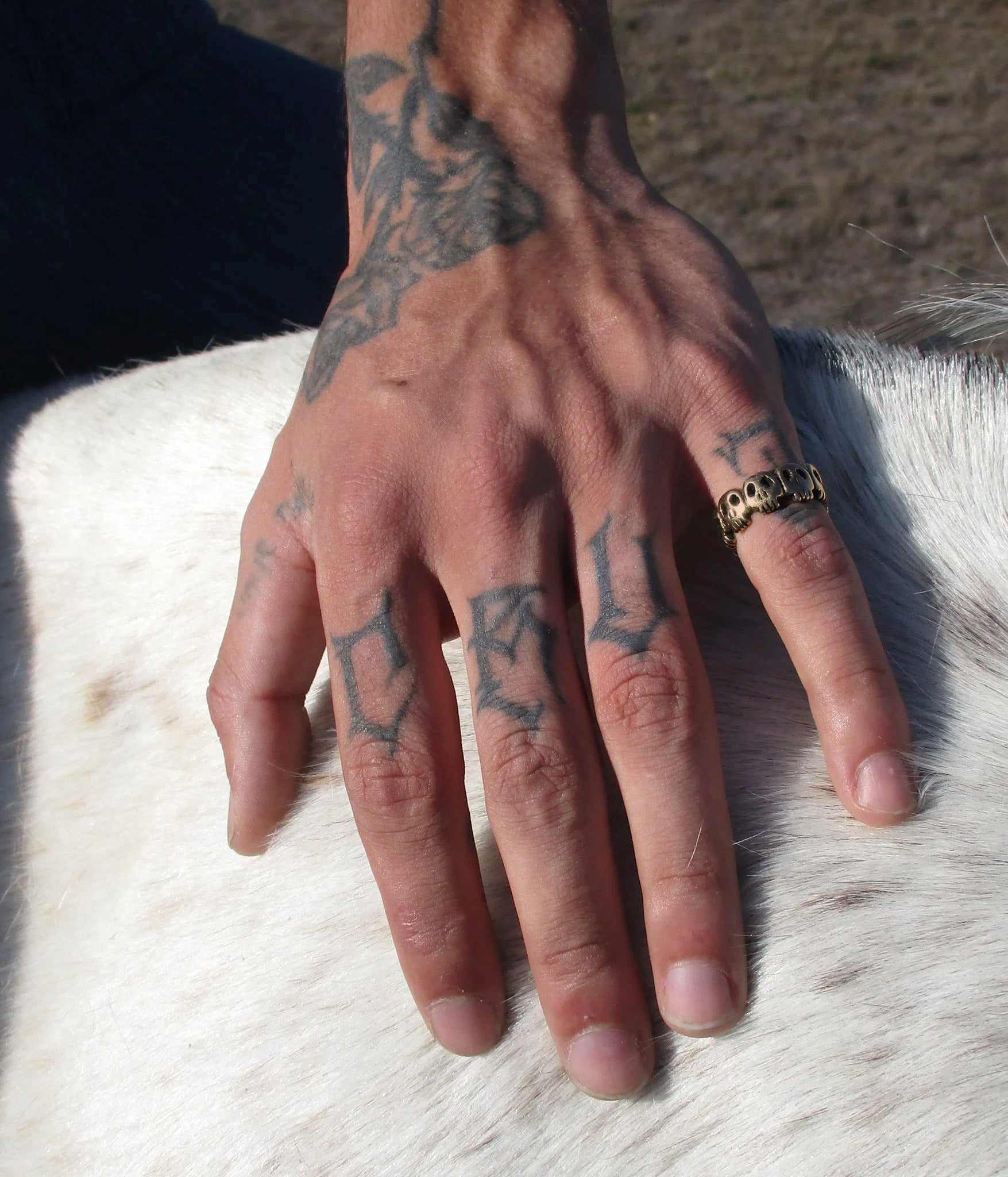 Hand with tattoos and a gold ring on a white animal's fur