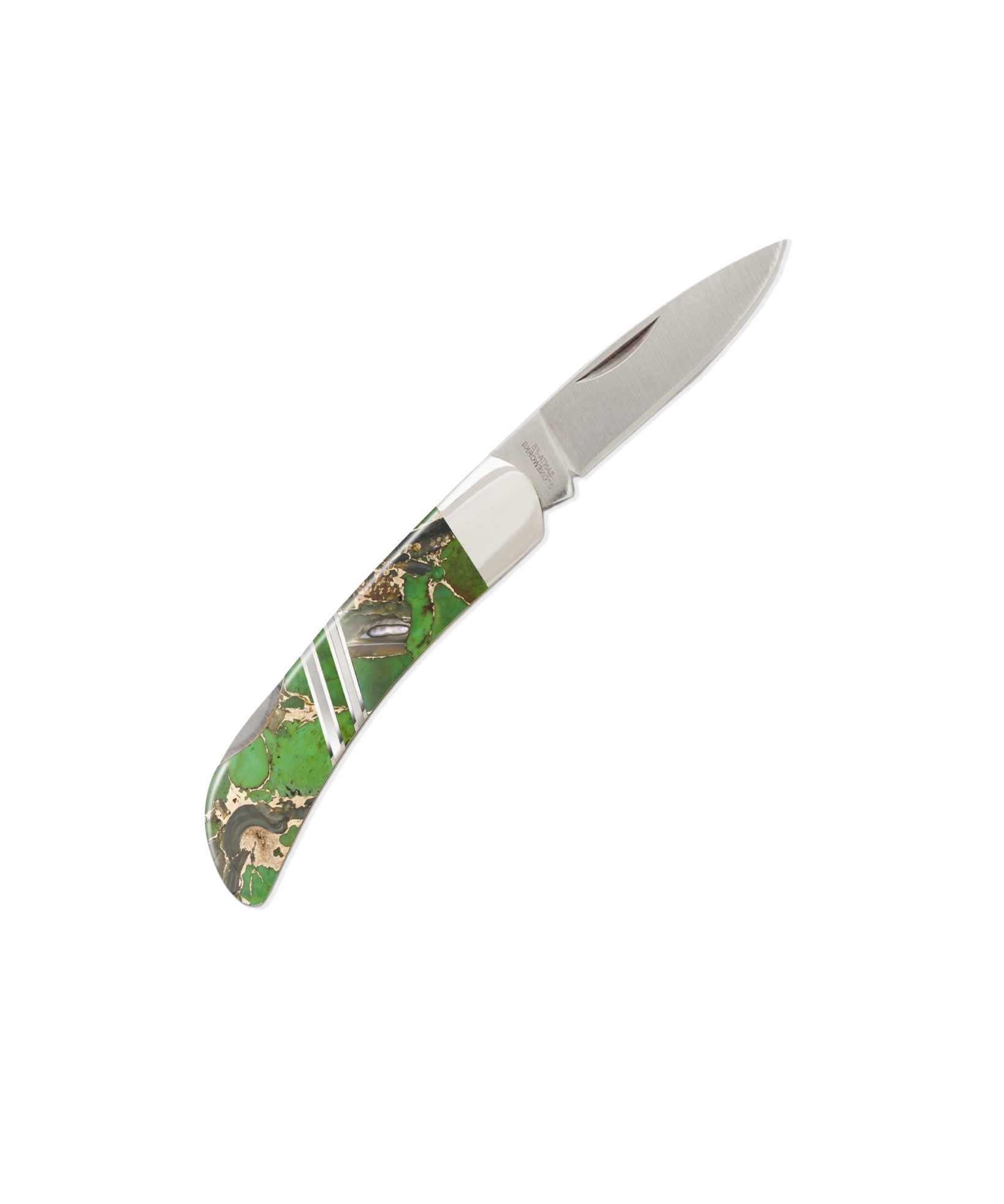 A folding pocket knife with a silver stainless steel blade and a green camouflage-patterned handle, shown on a plain white background.
