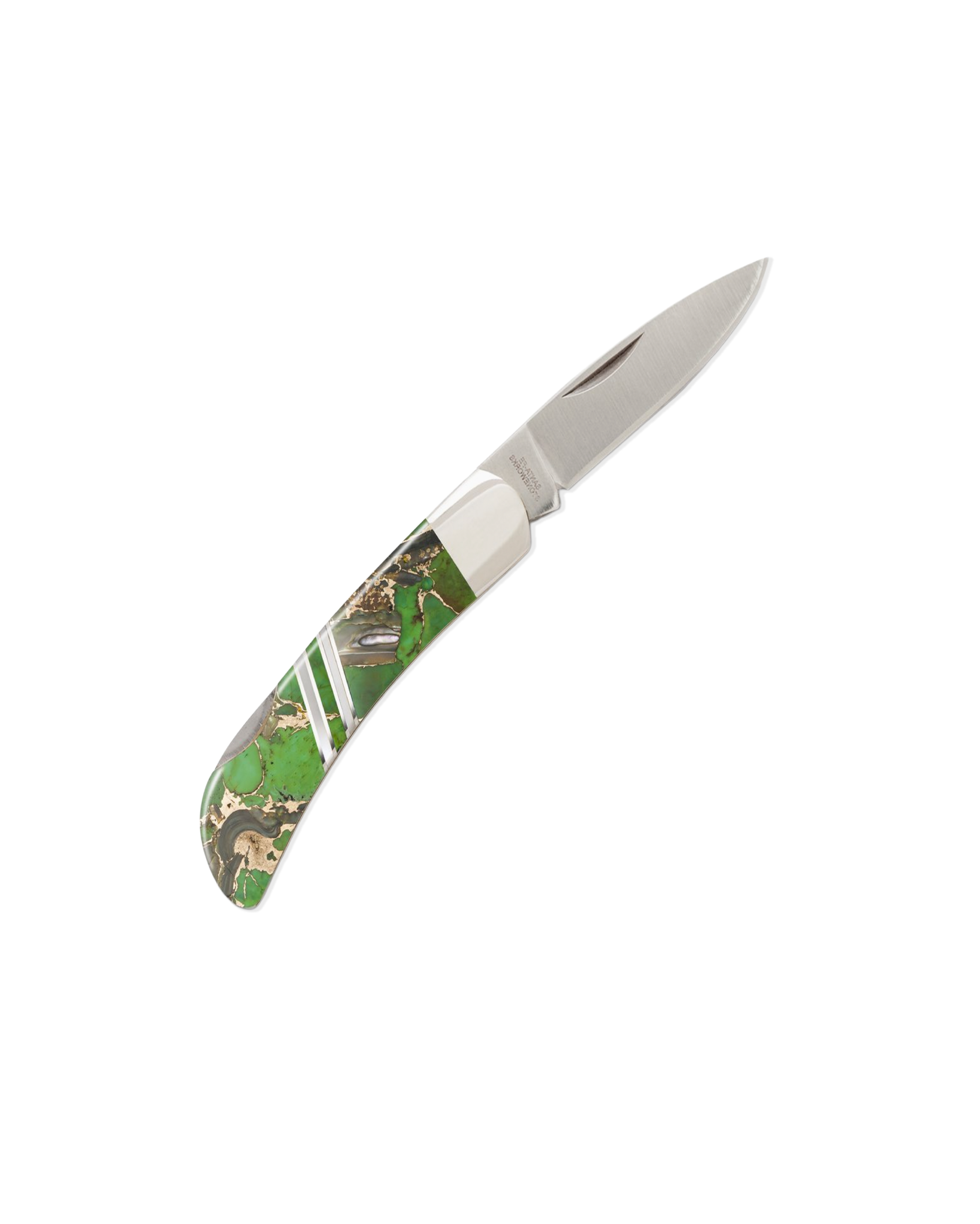 A folding pocket knife with a silver stainless steel blade and a green camouflage-patterned handle, shown on a plain white background.