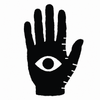 A black hand-shaped graphic with an eye motif in the center and white stitched-looking edge details, shown on a plain white background.