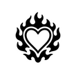 A black graphic icon featuring a heart shape surrounded by stylized flames, centered on a plain white background.