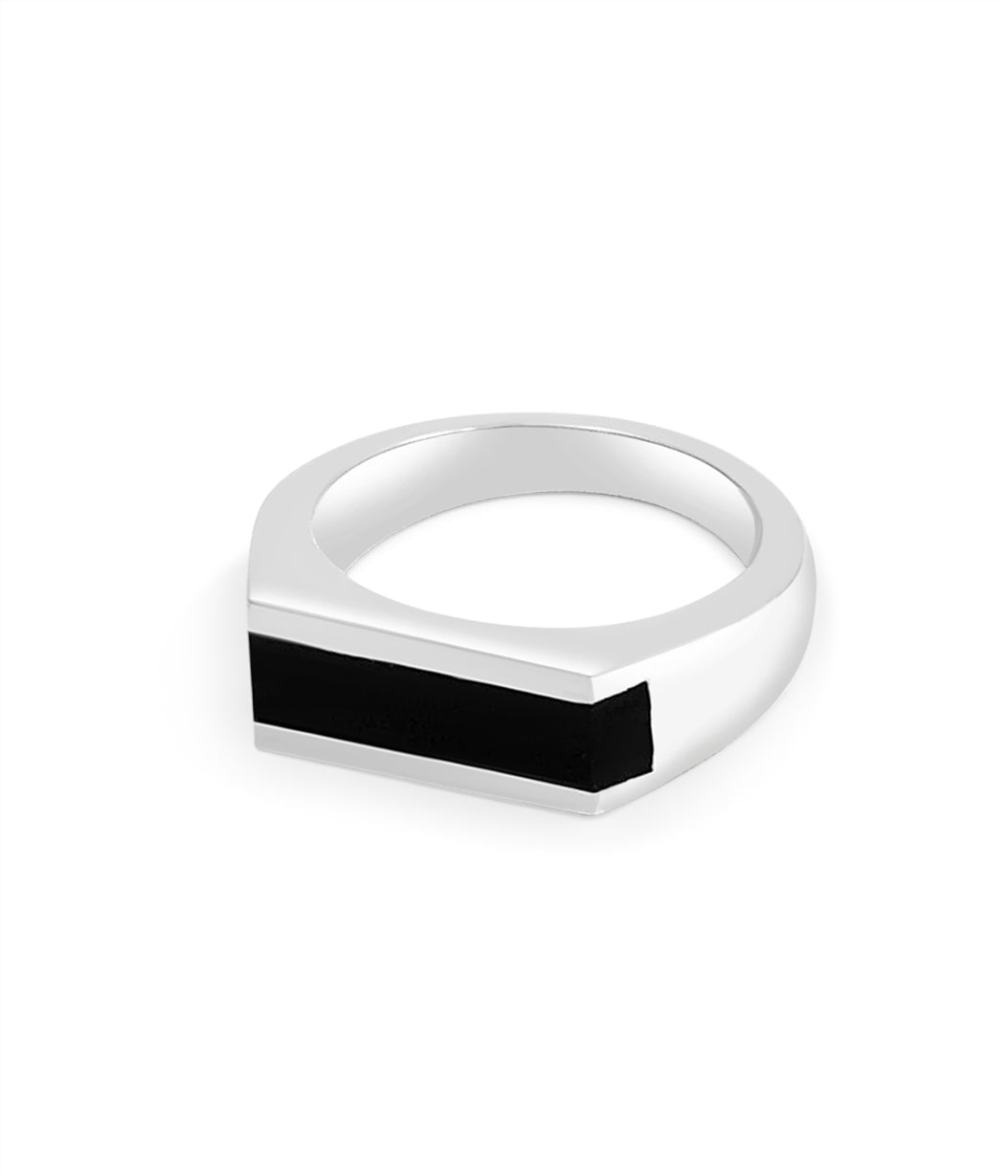 Silver ring with a black bar on a white background