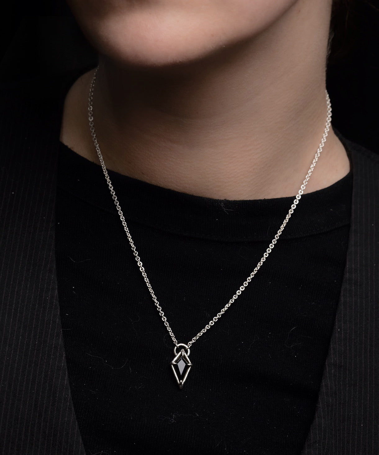 Mini Black Onyx Spike Shield Necklace - Sterling Silver Small Dark Amulet