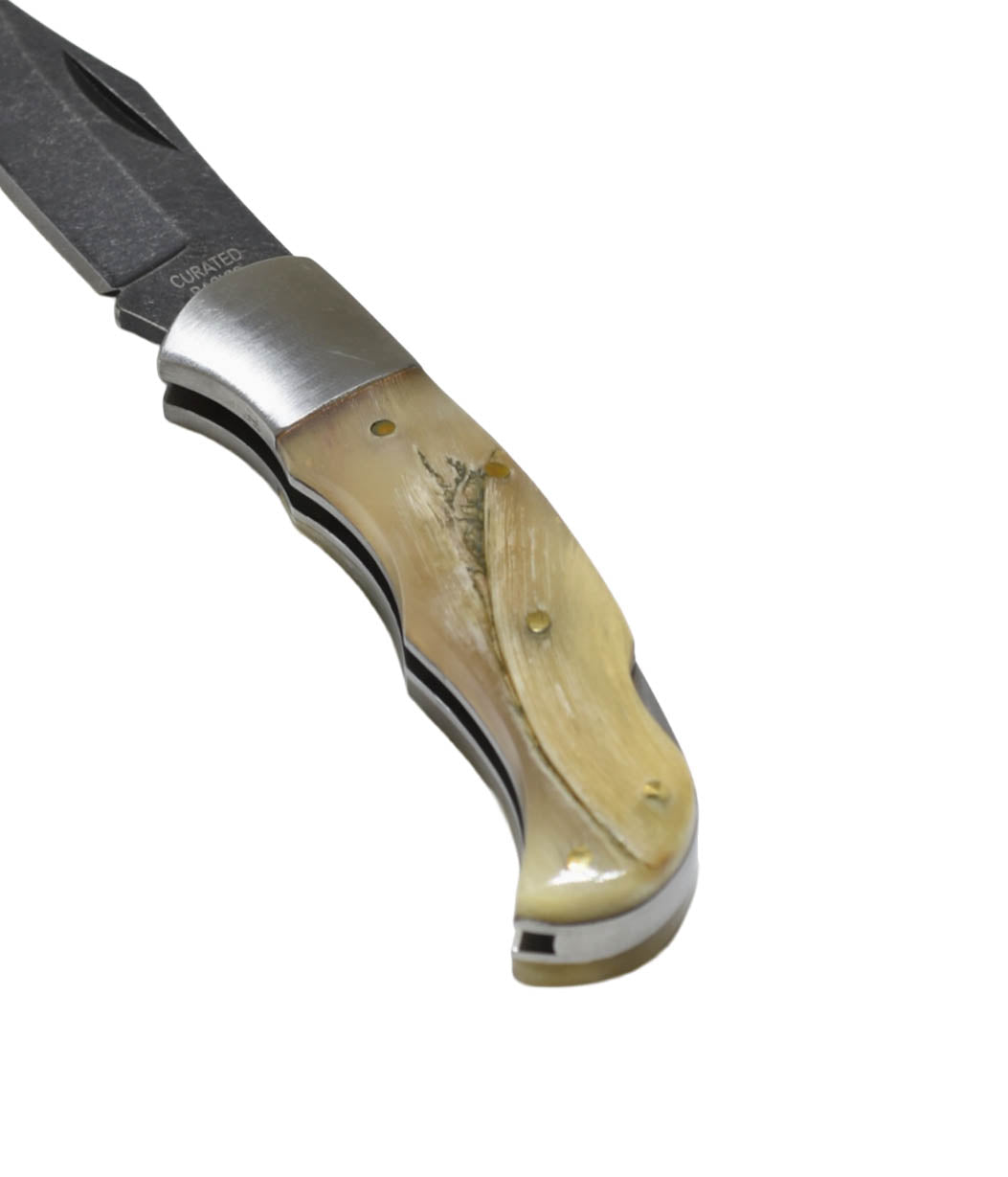 A close-up of a folding pocket knife with a dark gray steel blade and a polished bone handle, showing the engraved fish design and brass pins against a white background.