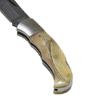 A close-up of a folding pocket knife with a dark gray steel blade and a polished bone handle, showing the engraved fish design and brass pins against a white background.