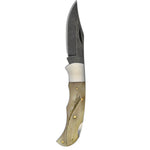 A folding pocket knife with a dark gray steel blade, a silver bolster, and a light beige bone or horn handle featuring brass rivets and a small engraved design, shown on a plain white background.