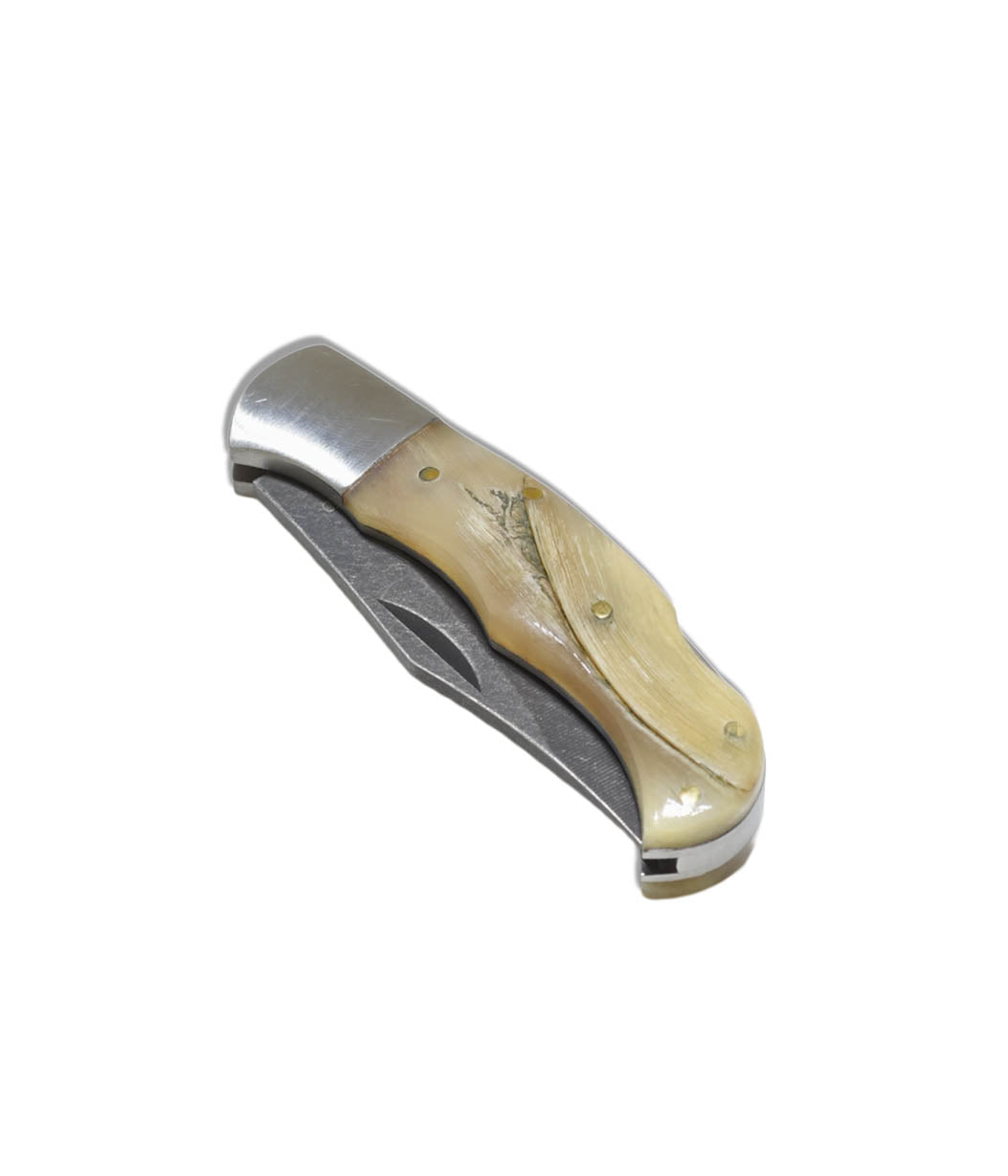 A folding pocket knife with a polished silver metal blade and handle, featuring a natural beige bone or horn inlay with a small engraved leaf design, shown on a plain white background.