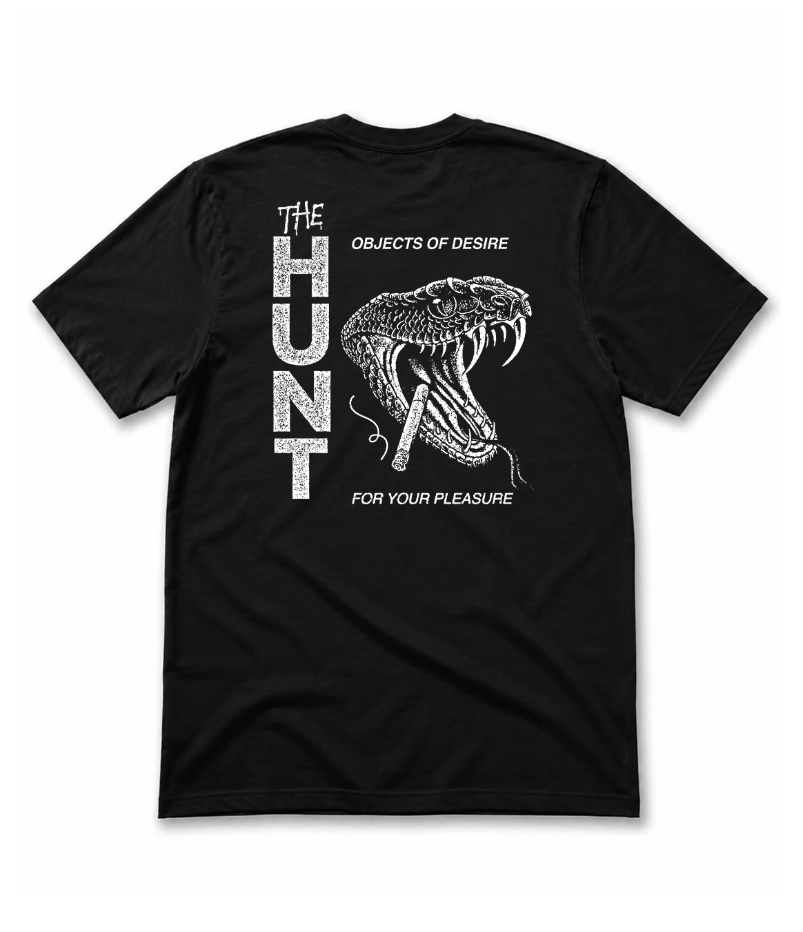 A black short-sleeve t-shirt shown from the back, featuring a large white graphic print of a snake with an open mouth and the text 'THE HUNT', 'OBJECTS OF DESIRE', and 'FOR YOUR PLEASURE'.