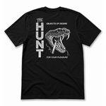 A black short-sleeve t-shirt shown from the back, featuring a large white graphic print of a snake with an open mouth and the text 'THE HUNT', 'OBJECTS OF DESIRE', and 'FOR YOUR PLEASURE'.