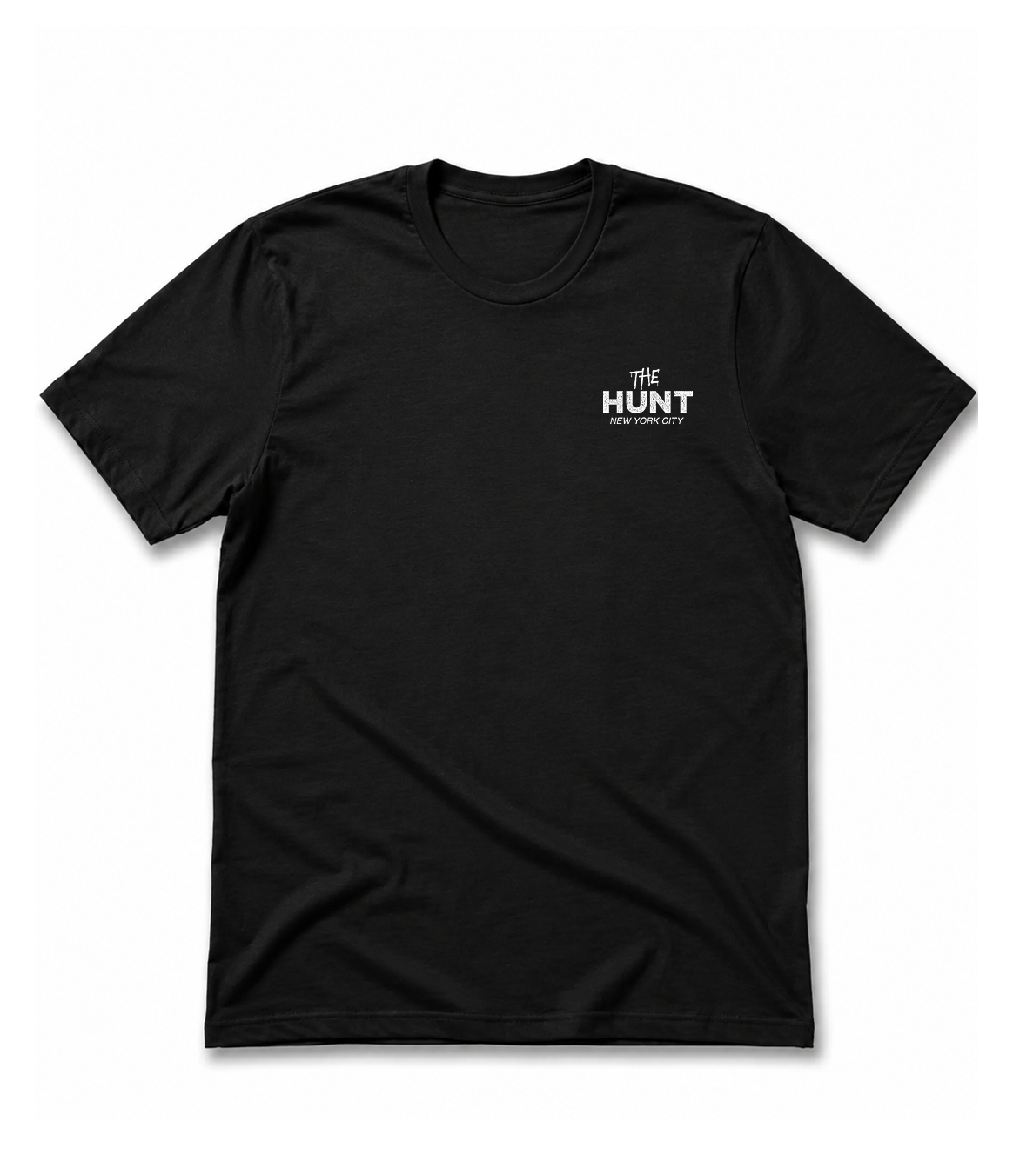 Black t-shirt with a small white logo on a white background