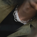 Close-up of a chain detail on a green jacket