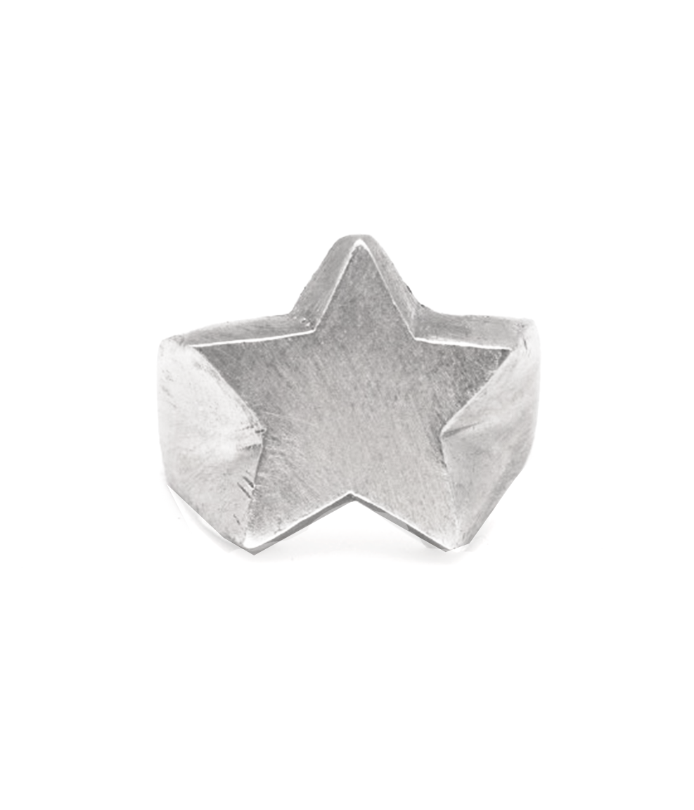 A textured sterling silver ring shaped like a five-pointed star, photographed on a clean white background.
