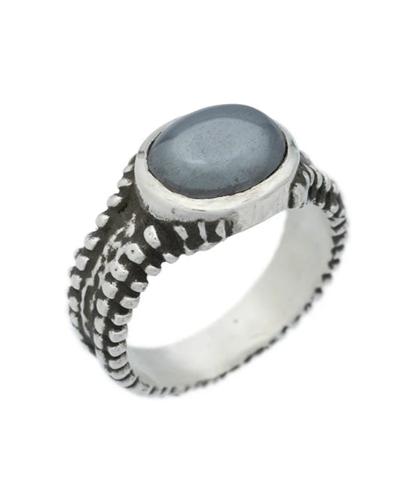 Silver ring with a gray stone on a white background