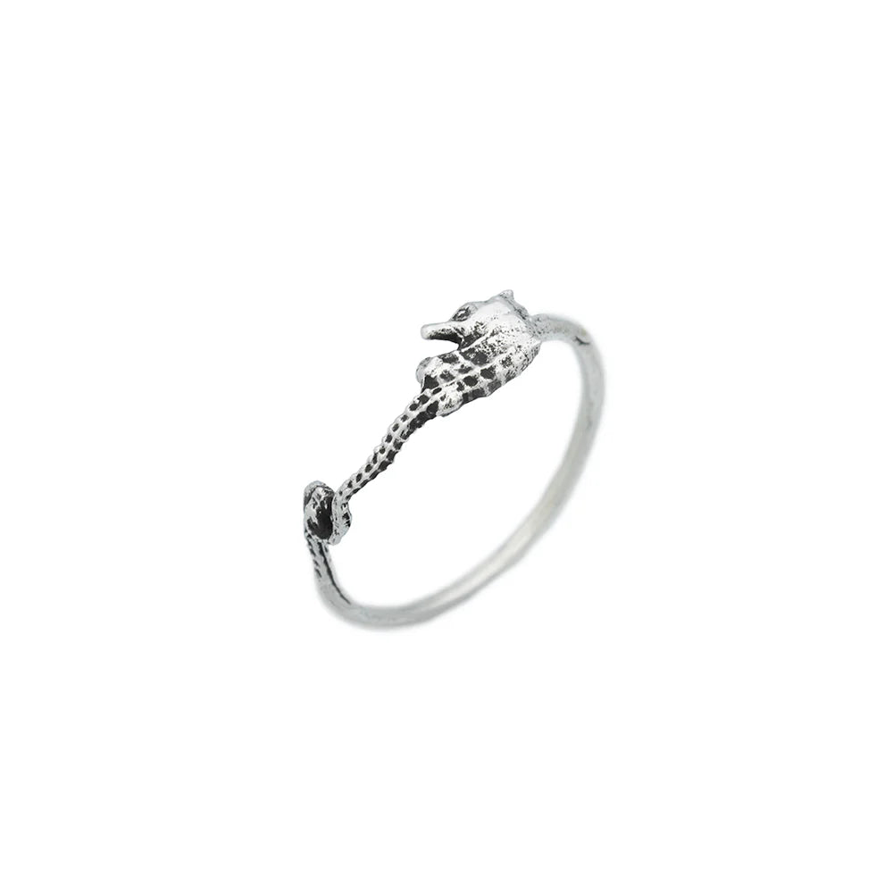 Silver ring with a unique design on a white background
